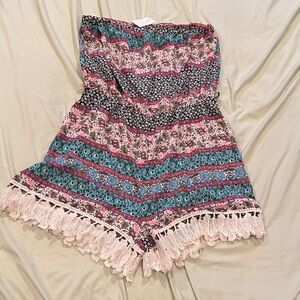 Style Rack Pink, Teal & Black Strapless Romper with Fringe Hem
